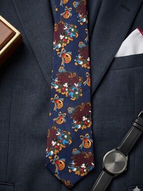Disney Navy Tie with Gold, Red and Blue Mickey & Friends holiday Pattern